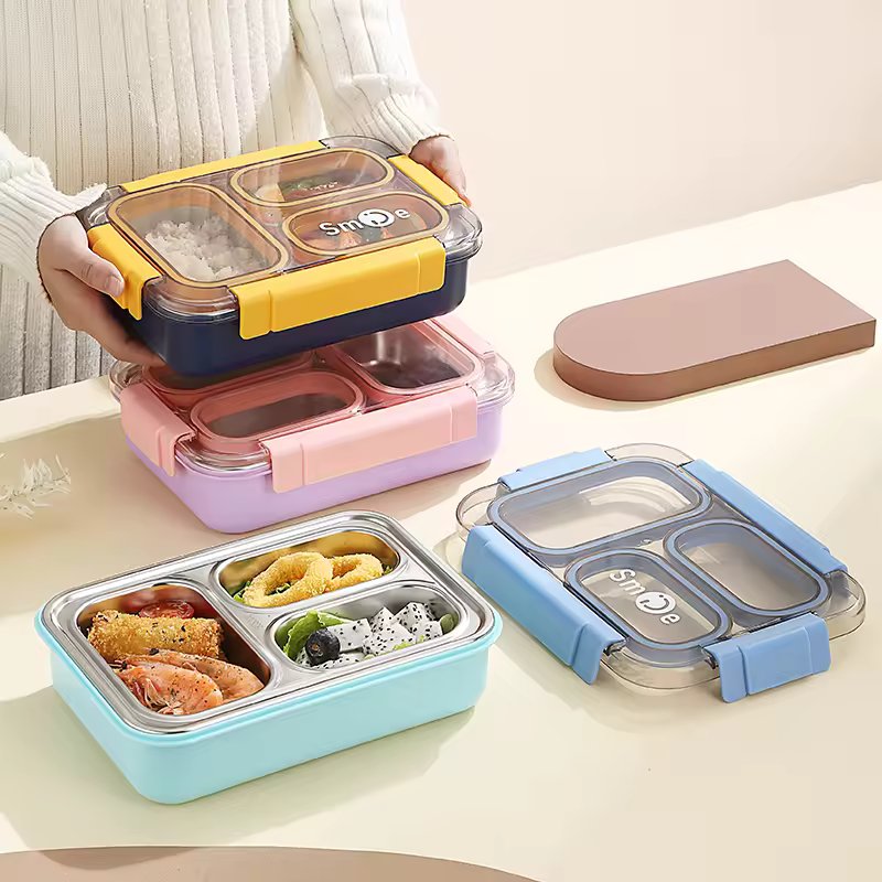 Smile Insulated 3 Grid Lunch Box, 3 Portion Bento Lunch Container, School Kids Stainless Steel Tiffin Box