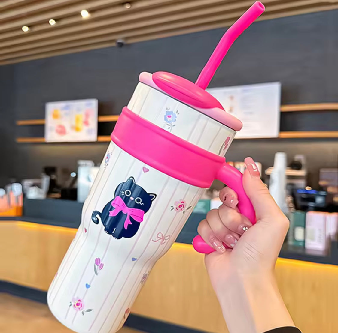 1200ml Cute Stainless Steel Tumbler With Straw, Cute Thermos Water Bottle, Outdoor Coffee Travel Mug