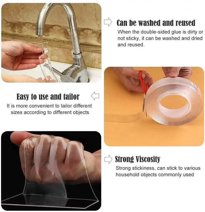 Ultra Strong Reusable Nano Double Sided Tape – Transparent, Washable & Traceless