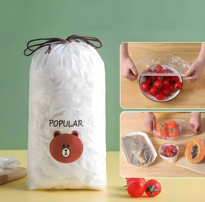 Disposable Food Cover Plastic Bags - 100 Pcs  | Multi-Purpose Stretchable Food Covers for Bowls, Plates, Fruits & Leftovers