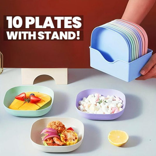 Colorful Plastic Plates Set (10 Pcs) - Creative Snack Plates With Holder  (Random Colors)