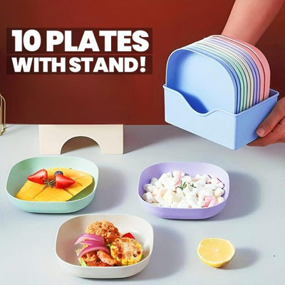 Colorful Plastic Plates Set (10 Pcs) - Creative Snack Plates With Holder  (Random Colors)