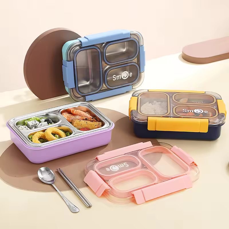 Smile Insulated 3 Grid Lunch Box, 3 Portion Bento Lunch Container, School Kids Stainless Steel Tiffin Box