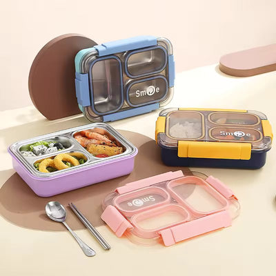 Smile Insulated 3 Grid Lunch Box, 3 Portion Bento Lunch Container, School Kids Stainless Steel Tiffin Box
