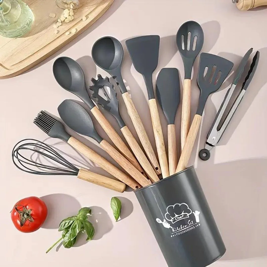 12 pcs Nonstick Silicon Kitchen Utensil Set With wooden Handle