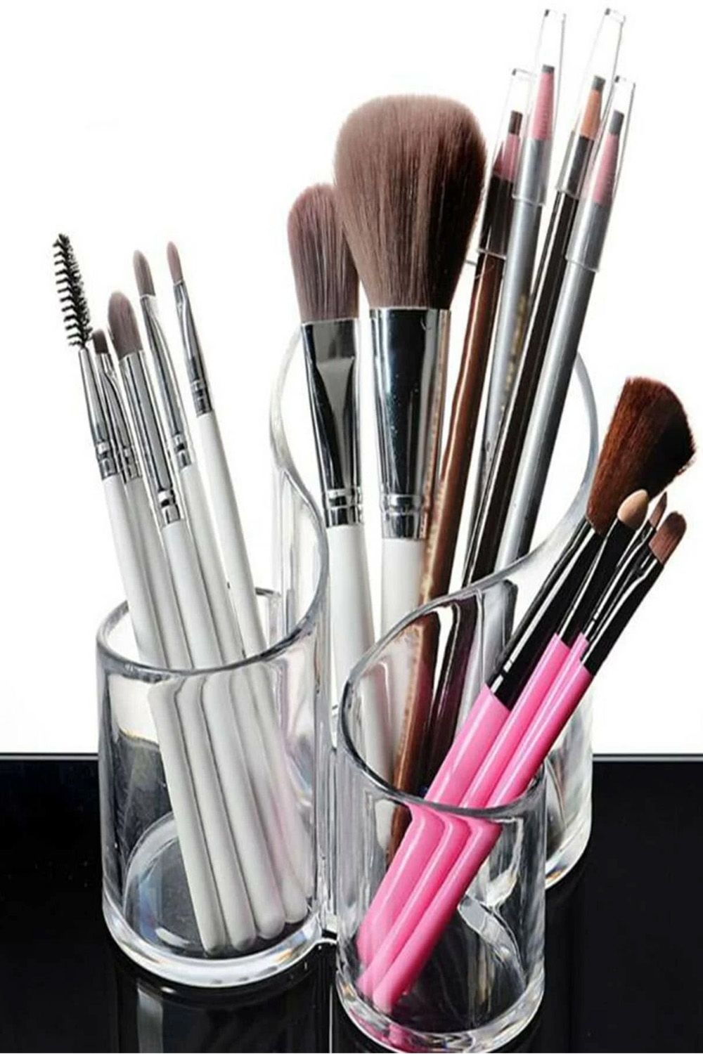 Transparent Acrylic Makeup Organizer – 3 Slot Lipstick & Brush Holder Stand