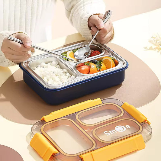 Smile Insulated 3 Grid Lunch Box, 3 Portion Bento Lunch Container, School Kids Stainless Steel Tiffin Box