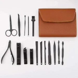 Premium 16-Piece Manicure & Pedicure Grooming Kit with Leather Case