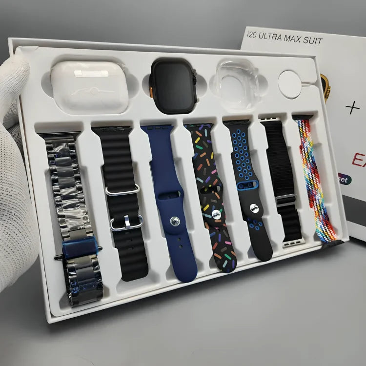 I20 Ultra Max Suit Smart Watch 10-in-1 Bundle | 7 Straps, Earbuds included