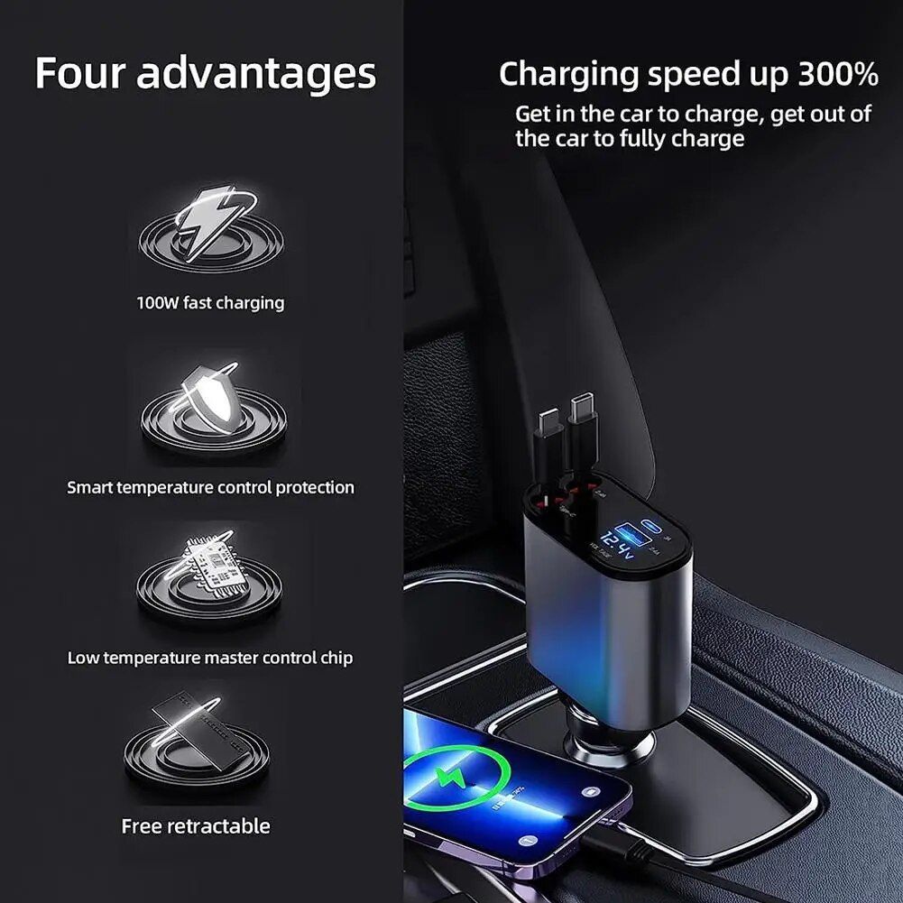 120W/66W 4-in-1 Retractable Car Charger – USB + PD Type-C Cable | Fast Charging Adapter for iPhone & Android