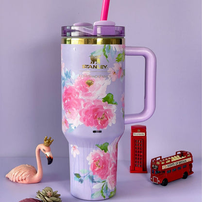Stainless Steel Flower Design Tumbler With Lid, Vacuum Insulated Car Mug, Thermal Iced Bottle