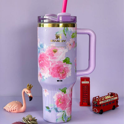 Stainless Steel Flower Design Tumbler With Lid, Vacuum Insulated Car Mug, Thermal Iced Bottle