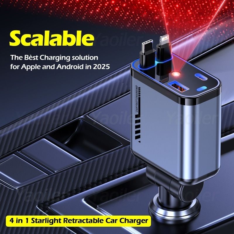 120W/66W 4-in-1 Retractable Car Charger – USB + PD Type-C Cable | Fast Charging Adapter for iPhone & Android