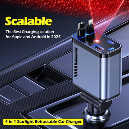 120W/66W 4-in-1 Retractable Car Charger – USB + PD Type-C Cable | Fast Charging Adapter for iPhone & Android