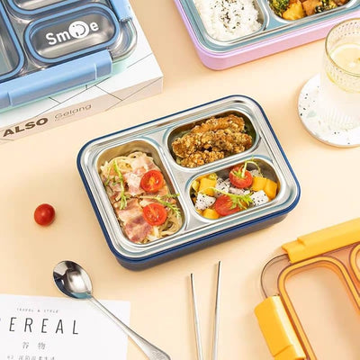 Smile Insulated 3 Grid Lunch Box, 3 Portion Bento Lunch Container, School Kids Stainless Steel Tiffin Box