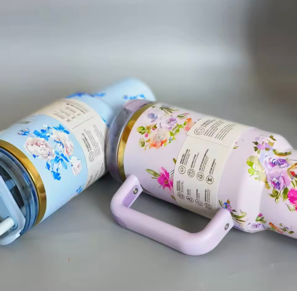 Stainless Steel Flower Design Tumbler With Lid, Vacuum Insulated Car Mug, Thermal Iced Bottle