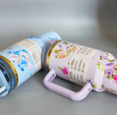 Stainless Steel Flower Design Tumbler With Lid, Vacuum Insulated Car Mug, Thermal Iced Bottle