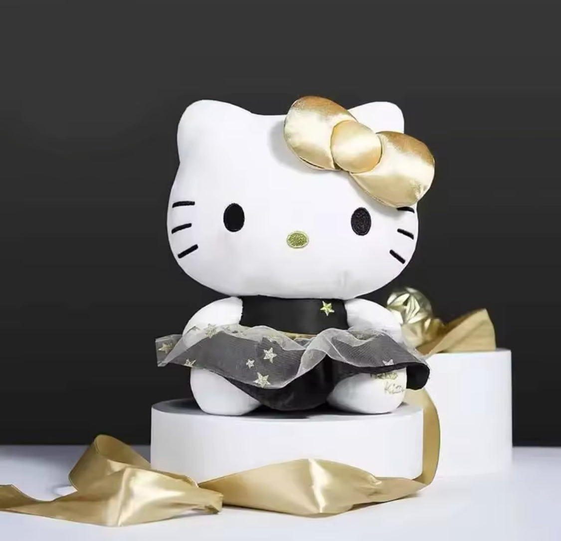 25cm Hello Kitty Cat Plush Toy,  Black And Gold Series Cat Stuffed Pillow For Kids, Adorable Animal Stuffed Toy