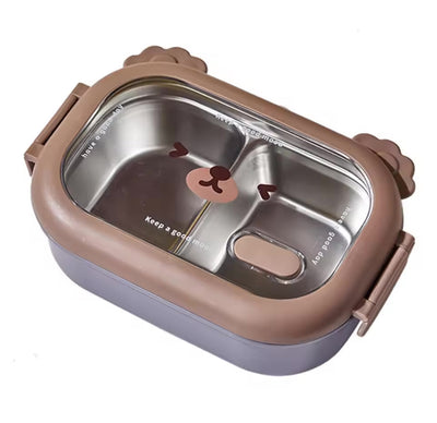 Bear Face Kids Lunch Box, Stainless Steel Food Insulated Container, 2 Compartments Cute Food Container, Microwave Friendly Kids Bento Lunch Box