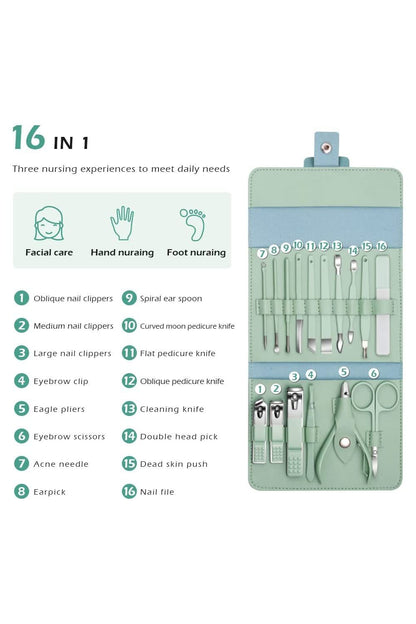 16pcs Professional Manicure & Pedicure Kit – Nail Clippers, Cuticle Nippers & Grooming Tools with Travel Case (Random Color)