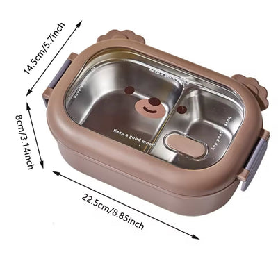 Bear Face Kids Lunch Box, Stainless Steel Food Insulated Container, 2 Compartments Cute Food Container, Microwave Friendly Kids Bento Lunch Box