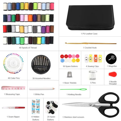 172 PCS Premium Sewing Kit with 48 Color Threads, PU Leather Compact Case, Scissors, Needles, Crochet Hook & Accessories