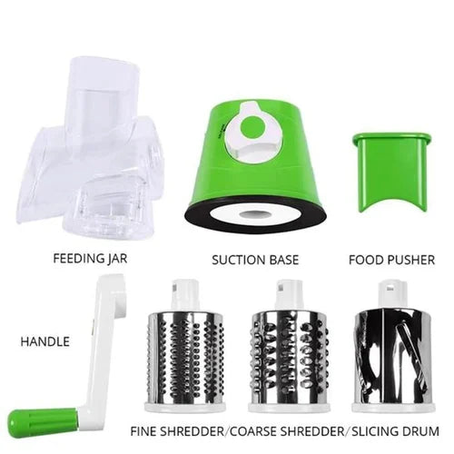 3-in-1 Tabletop Drum Grater with Suction Base – Vegetable Slicer, Shredder & Cheese Grater