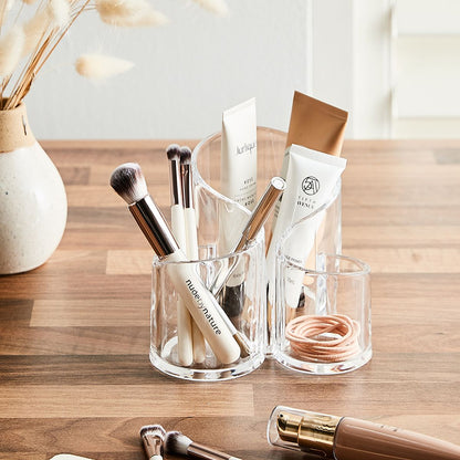 Transparent Acrylic Makeup Organizer – 3 Slot Lipstick & Brush Holder Stand