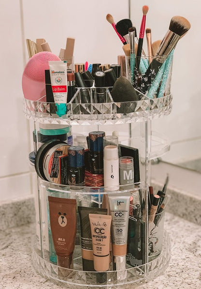 360° Rotating Diamond Cut Cosmetic Organizer –  Adjustable & Space-Saving