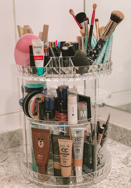 360° Rotating Diamond Cut Cosmetic Organizer –  Adjustable & Space-Saving