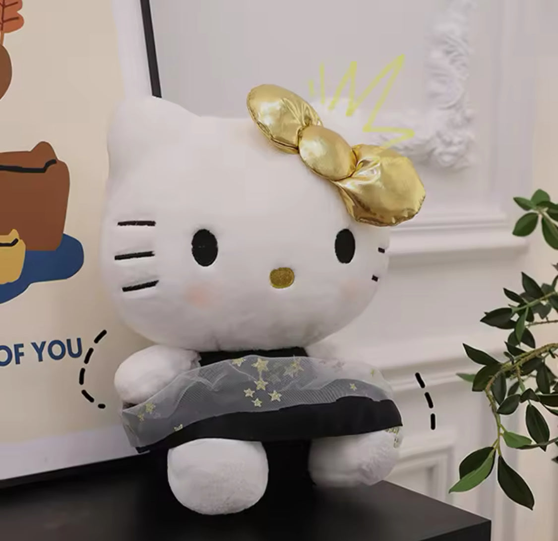 25cm Hello Kitty Cat Plush Toy,  Black And Gold Series Cat Stuffed Pillow For Kids, Adorable Animal Stuffed Toy
