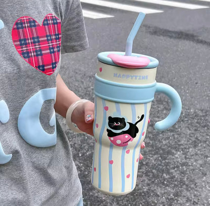 1200ml Cute Stainless Steel Tumbler With Straw, Cute Thermos Water Bottle, Outdoor Coffee Travel Mug