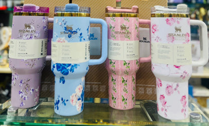 Stainless Steel Flower Design Tumbler With Lid, Vacuum Insulated Car Mug, Thermal Iced Bottle