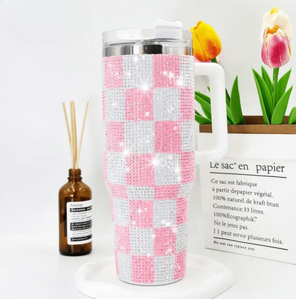1200ml Rhinestone Tumbler, Stainless Steel Car Mug With Straw, Insulated Water Bottle Thermos