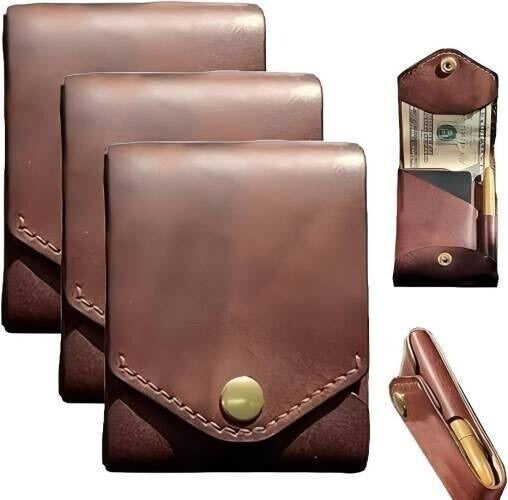 Waterproof Multifunctional Compact Wallet Handmade PU Leather Built-in Pen Slot Slim Minimalist Wallet