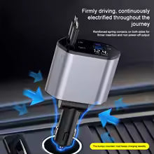 120W/66W 4-in-1 Retractable Car Charger – USB + PD Type-C Cable | Fast Charging Adapter for iPhone & Android