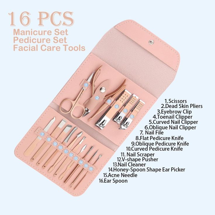 16pcs Professional Manicure & Pedicure Kit – Nail Clippers, Cuticle Nippers & Grooming Tools with Travel Case (Random Color)