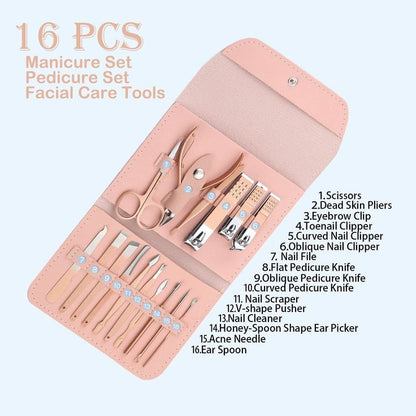 16pcs Professional Manicure & Pedicure Kit – Nail Clippers, Cuticle Nippers & Grooming Tools with Travel Case (Random Color)