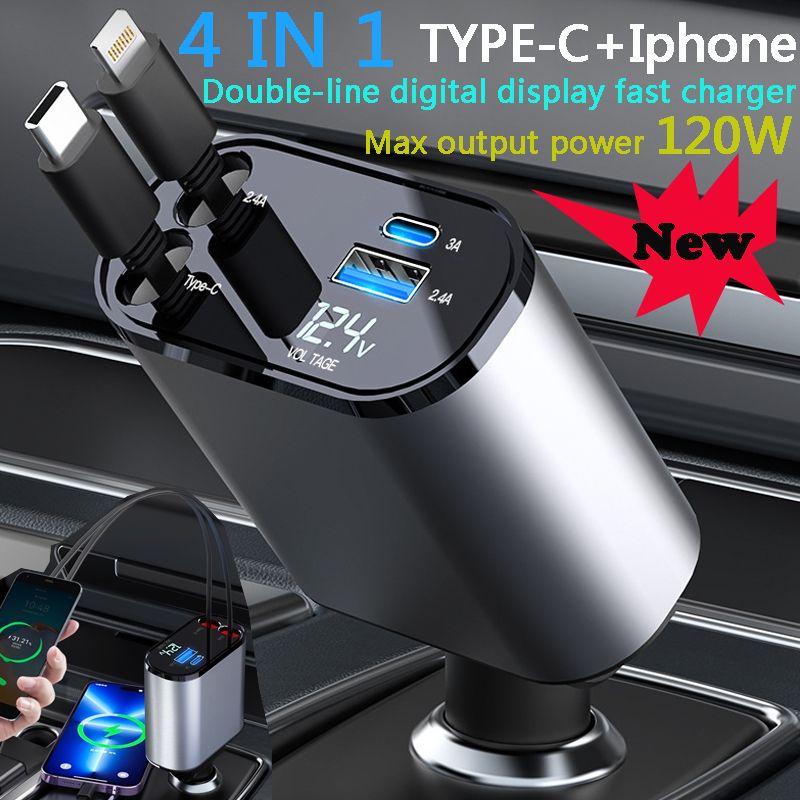 120W/66W 4-in-1 Retractable Car Charger – USB + PD Type-C Cable | Fast Charging Adapter for iPhone & Android