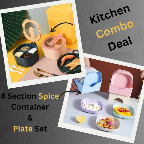 Combo Deal – 4 Section Spice Container & 10-Piece Multi-Function Bone Spit Plate Set (Random Color)