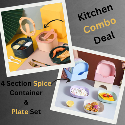 Combo Deal – 4 Section Spice Container & 10-Piece Multi-Function Bone Spit Plate Set (Random Color)
