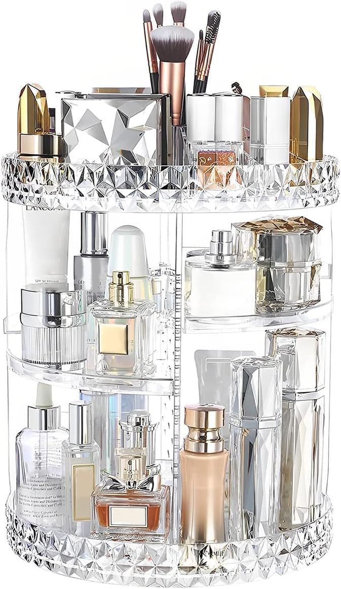 360° Rotating Diamond Cut Cosmetic Organizer –  Adjustable & Space-Saving