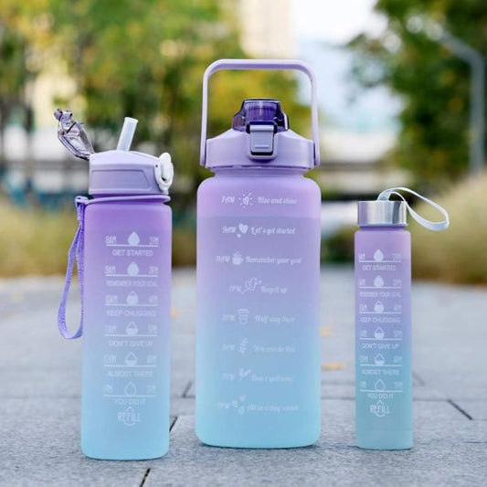 Sports Water Bottles 3 Pcs Set - With Motivational Time Marker & Leak Proof Flip Top Lid  (Random Color)