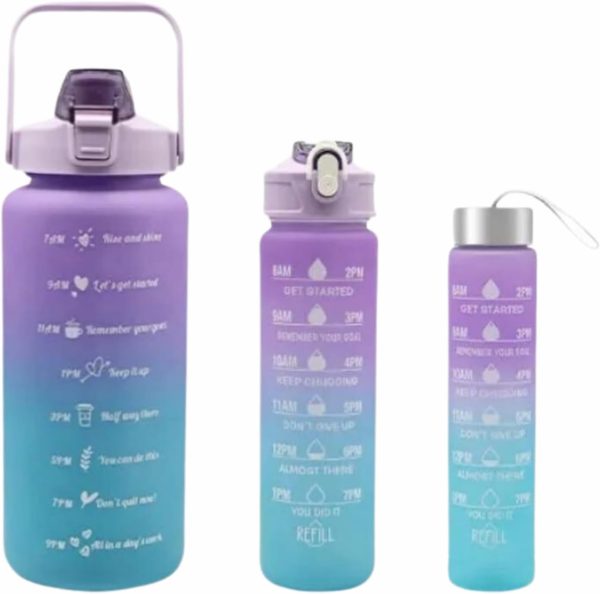 Sports Water Bottles 3 Pcs Set - With Motivational Time Marker & Leak Proof Flip Top Lid  (Random Color)
