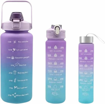 Sports Water Bottles 3 Pcs Set - With Motivational Time Marker & Leak Proof Flip Top Lid  (Random Color)